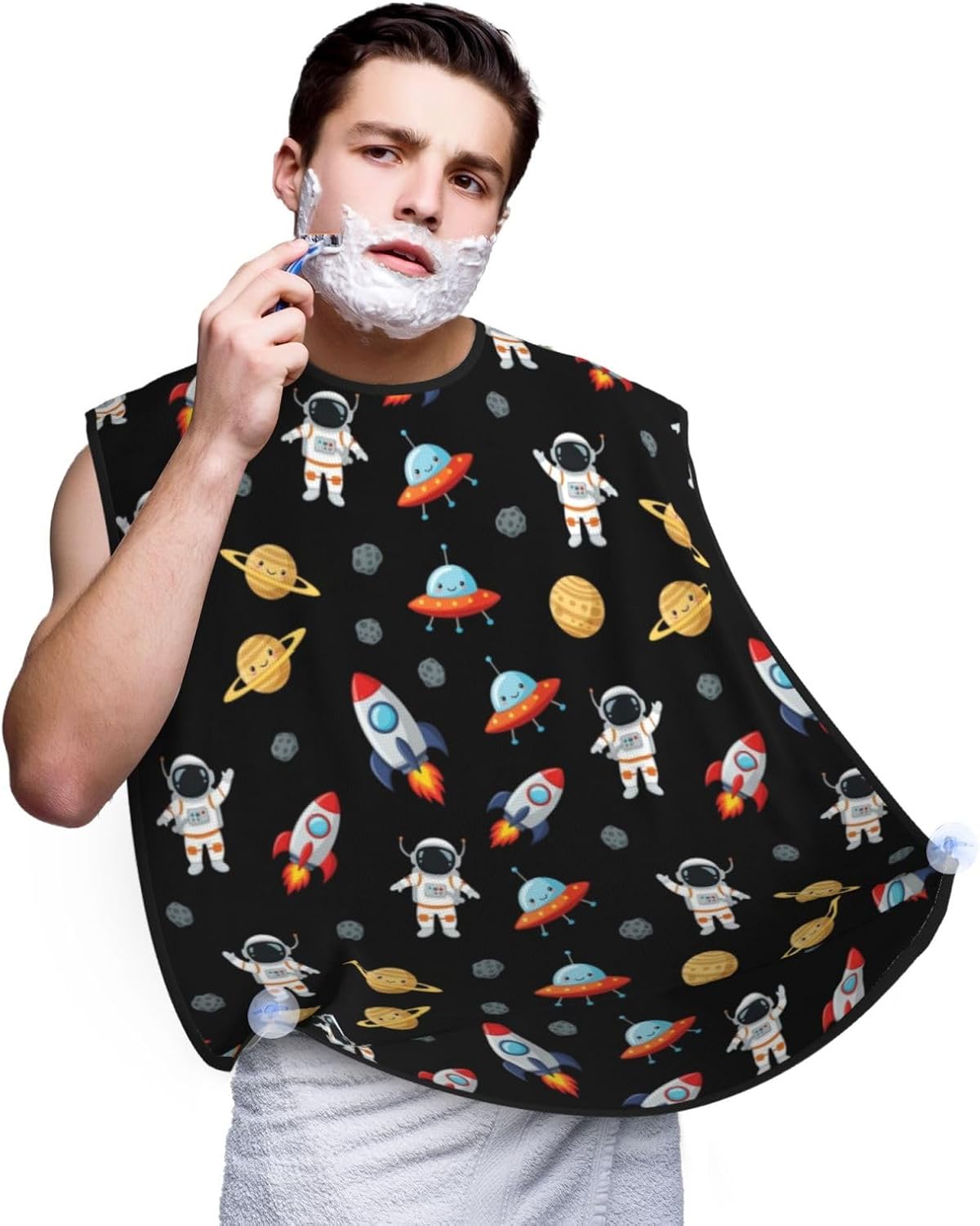 Waterproof Grooming Apron, Non-Stick Beard Bib with Suction Cups, for Space Planet Astronaut Rocket