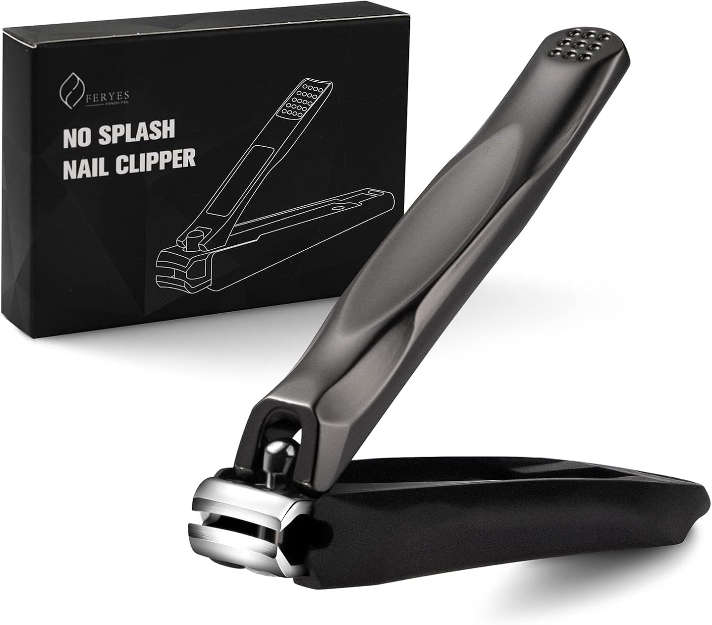 FERYES 3-in-1 Fingernail Clipper with No-Splash Nail Catcher and Metal Storage Box - Toenail Clipper with Nail File for Men & Women - Black