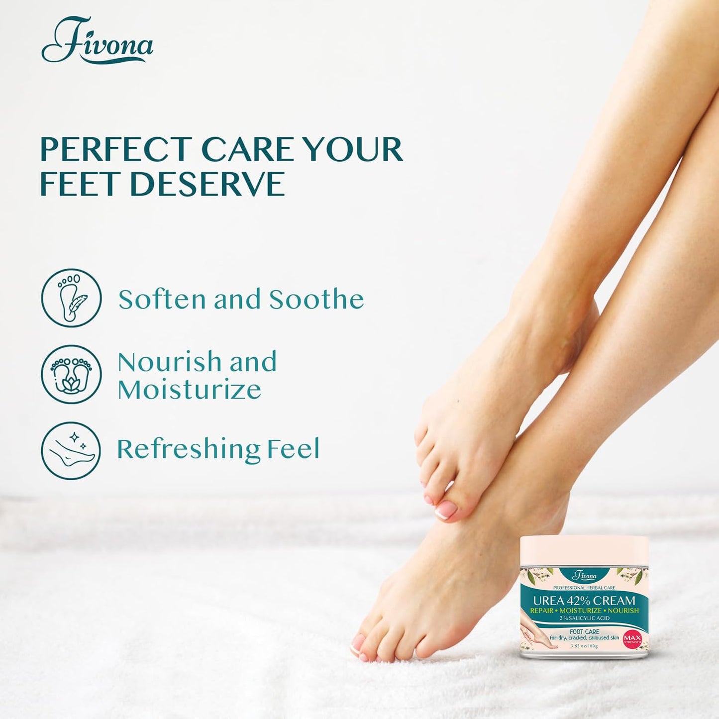 FIVONA 42% Urea Cream with 2% Salicylic Acid, Foot Cream for Feet Maximum Strength with Tea Tree and Aloe Vera Extracts Foot Lotion for Dry Cracked Heels, Callus Remover, Moisturizer Repair Cream