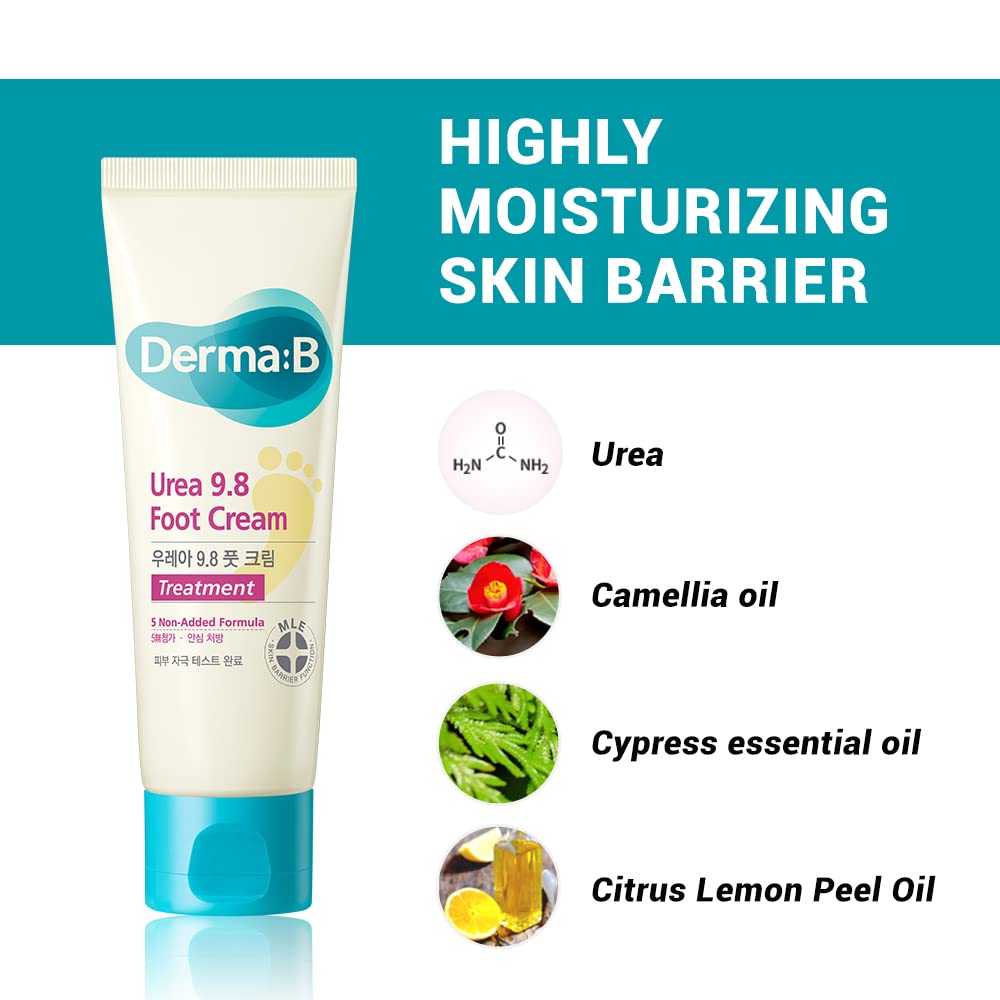 Derma B | Urea 9.8% Foot Cream | Foot Lotion for Dry Cracked Heel Treatment | Camellia Oil, Urea Cream for Feet | Hypoallergenic Leg Cream for Sensitive Skin | Woody Scent Foot Care | 2.7 fl oz (80ml)