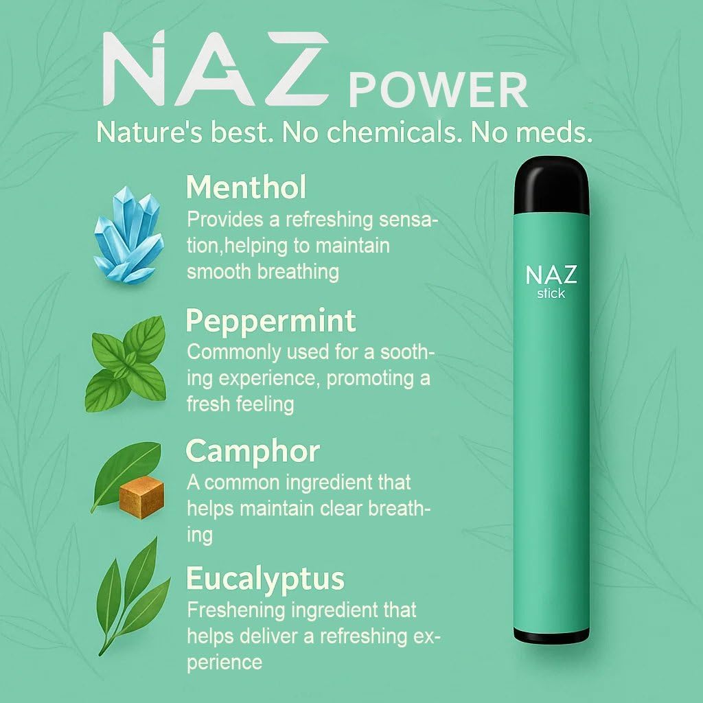 Naz Electric Nasal Inhaler - Portable Essential Oil Vapor Inhaler for Aromatherapy, Cool & Refreshing & Breathe Free, Simple Ingredients | Non-Medicated Menthol Nasal Inhaler Stick 3-Pack