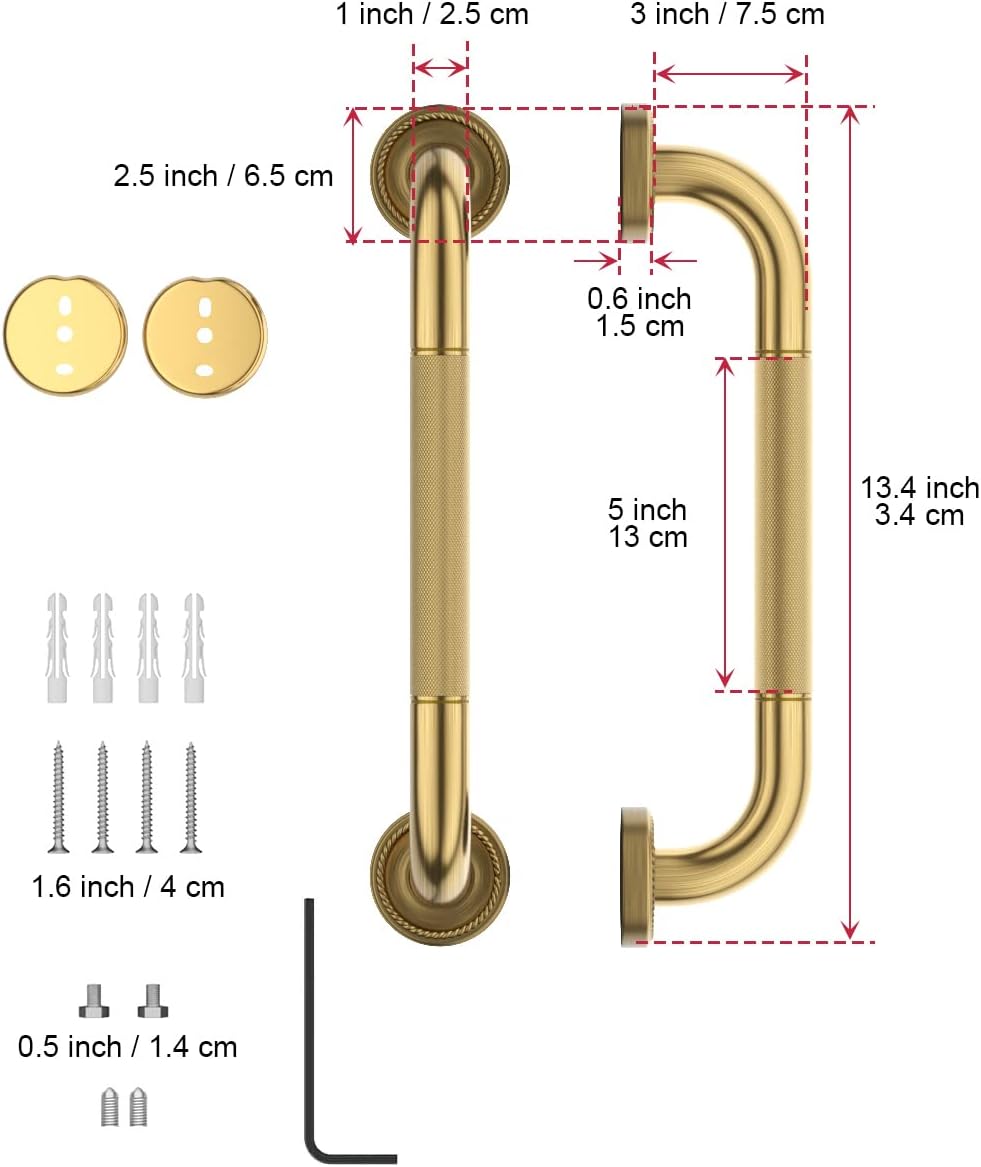 12 Inch Bronze Shower Grab Bar Gold, Munzong Antique Brass Bathroom Grab Bar w/Anti-Slip Knurled Grip, Bathroom Balance Bar, Safety Bath Handrail Support, Handicap Injury Elderly Senior Assist Handle