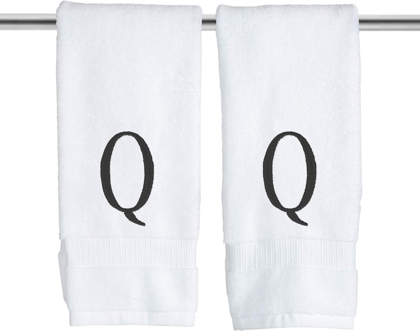 Black Powder Room Hand Towel - Monogram Initial Hotel Quality Decorative Embroidered Luxury Towel for Spa - GOTS Organic Certified - Set of 2 Letter Q