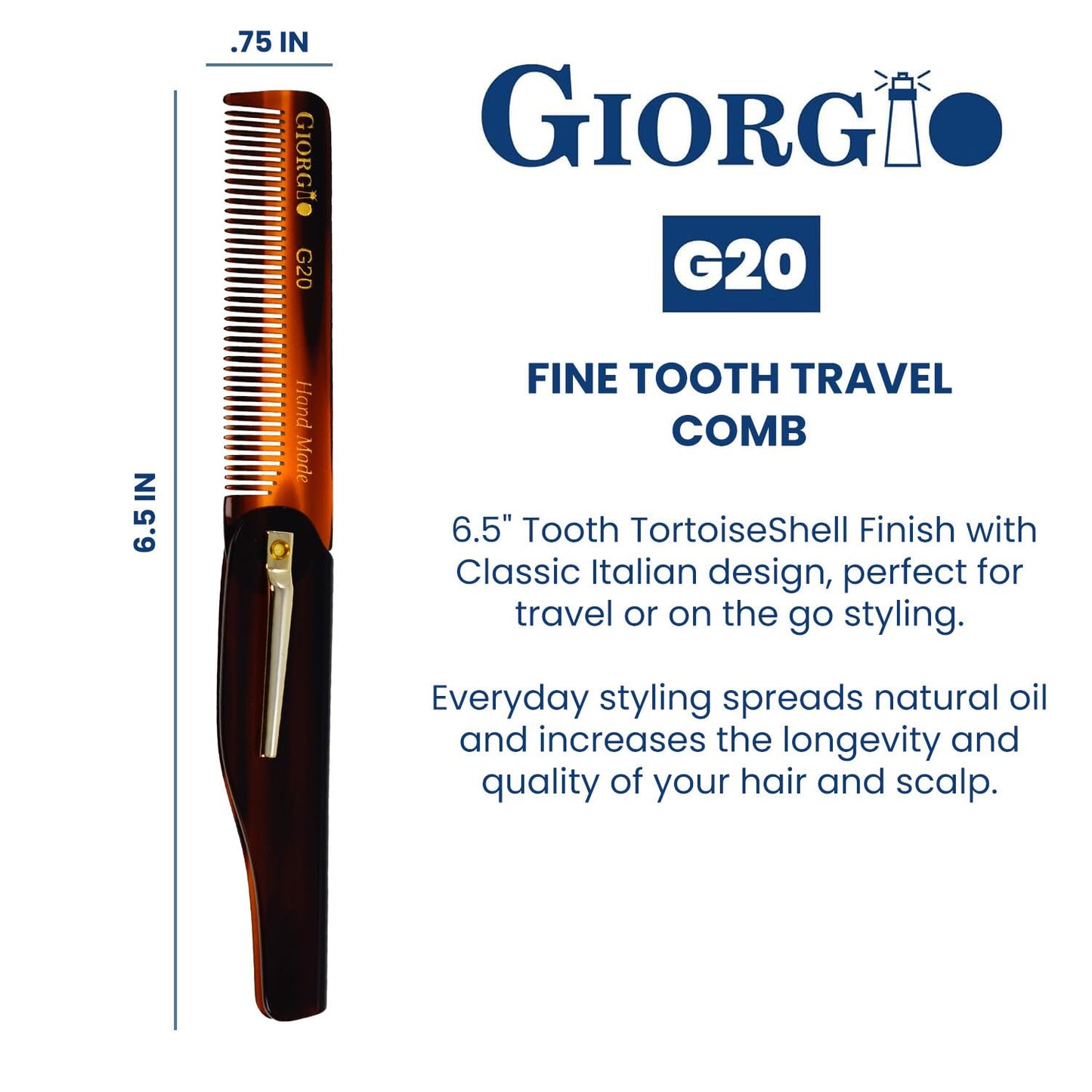 Giorgio G20 Folding Mustache and Beard Comb - Fine Tooth Travel Comb for Everyday Styling and Hair Care - Handcrafted Sawcut and Hand Polished (TortoiseShell)