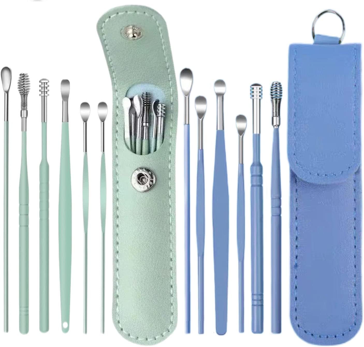 12 Pcs Ear Pick Earwax Removal Kit, Ear Cleaning Tool, Stainless Steel Earwax Removal Tool with Leather Storage Box (Blue&Green)