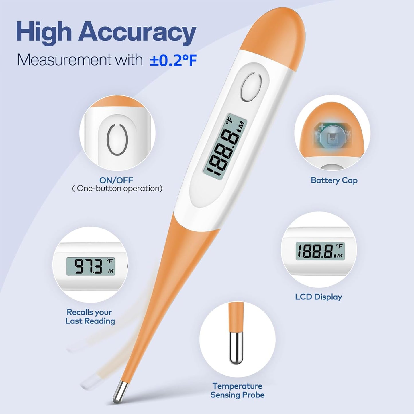 Boncare 10 Seconds Digital Thermometer for Adults and Kids - Accurate & Safe Rectal Thermometer for Baby with Fever Alarm, Oral Thermometer FSA HSA Eligible (Orange)