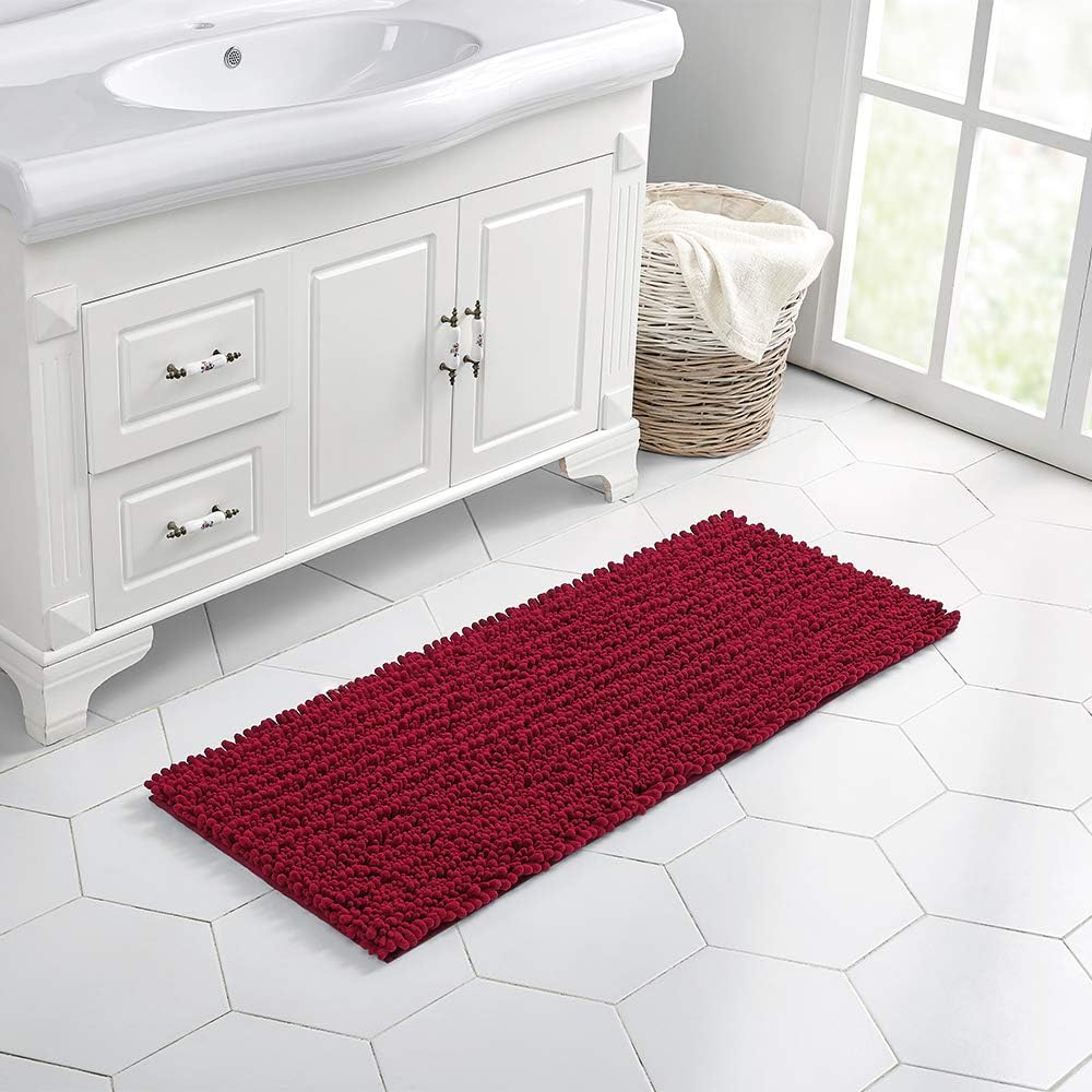 Walensee Large Bathroom Rug Non Slip Bath Mat (24x60 Inch Red) Water Absorbent Super Soft Shaggy Chenille Machine Washable Dry Extra Thick Perfect Absorbant Best Plush Carpet for Shower Floor