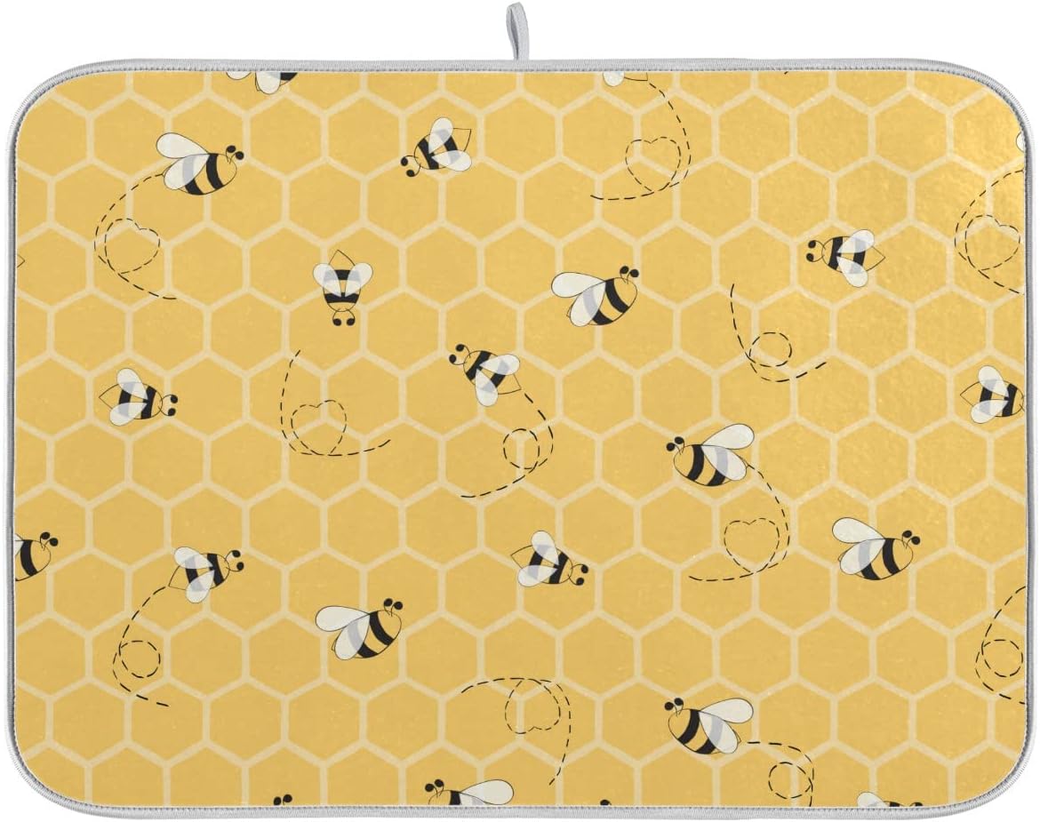 Funny Bees Honey Dish Drying Mat 16x18 for Kitchen Counter Yellow Bumblebee Beehive Dishes Pad Absorbent Fast Dry Dish Draining Mats Medium Kitchen Accessories