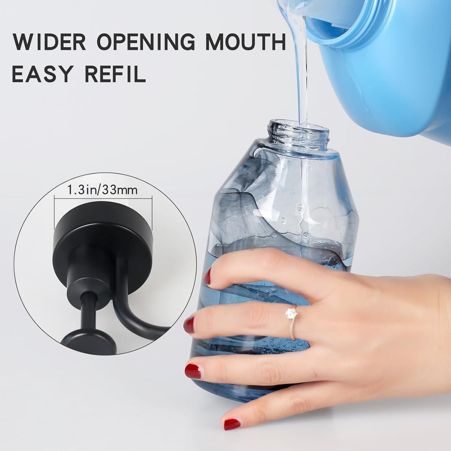 Glass Soap Dispenser for Kitchen and Bathroom Counter, 12.5 Oz Unique 3D Black Smog Thick Glass Hand Soap Bottle with Smooth Action Rust-Free ABS Pump, Kitchen Dish Soap Dispenser (Black)