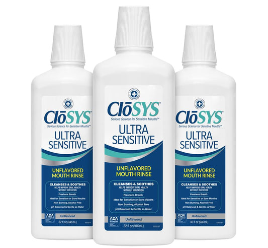 CloSYS Ultra Sensitive Mouthwash, Unflavored Alcohol Free, Dye Free, pH Balanced, Helps Soothe Entire Mouth - 32 Oz (Pack of 3)