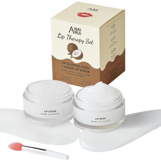 ANAI RUI Coconut Lip Scrub & Lip Mask Set with Shea Butter, Lip Scrubber Exfoliator Enriched with Vitamin E, Sugar Scrub for Dry Lips, Hydrating Lip Mask for Overnight Use, Christmas Gifts for teens