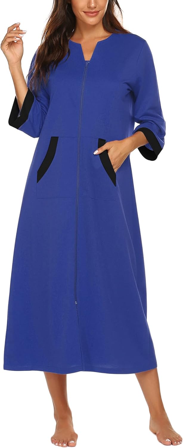 Ekouaer Women Zipper Robe 3/4 Sleeves Loungewear Dress Full Length Sleepwear Pockets Housecoat Nightgown Long Bathrobe
