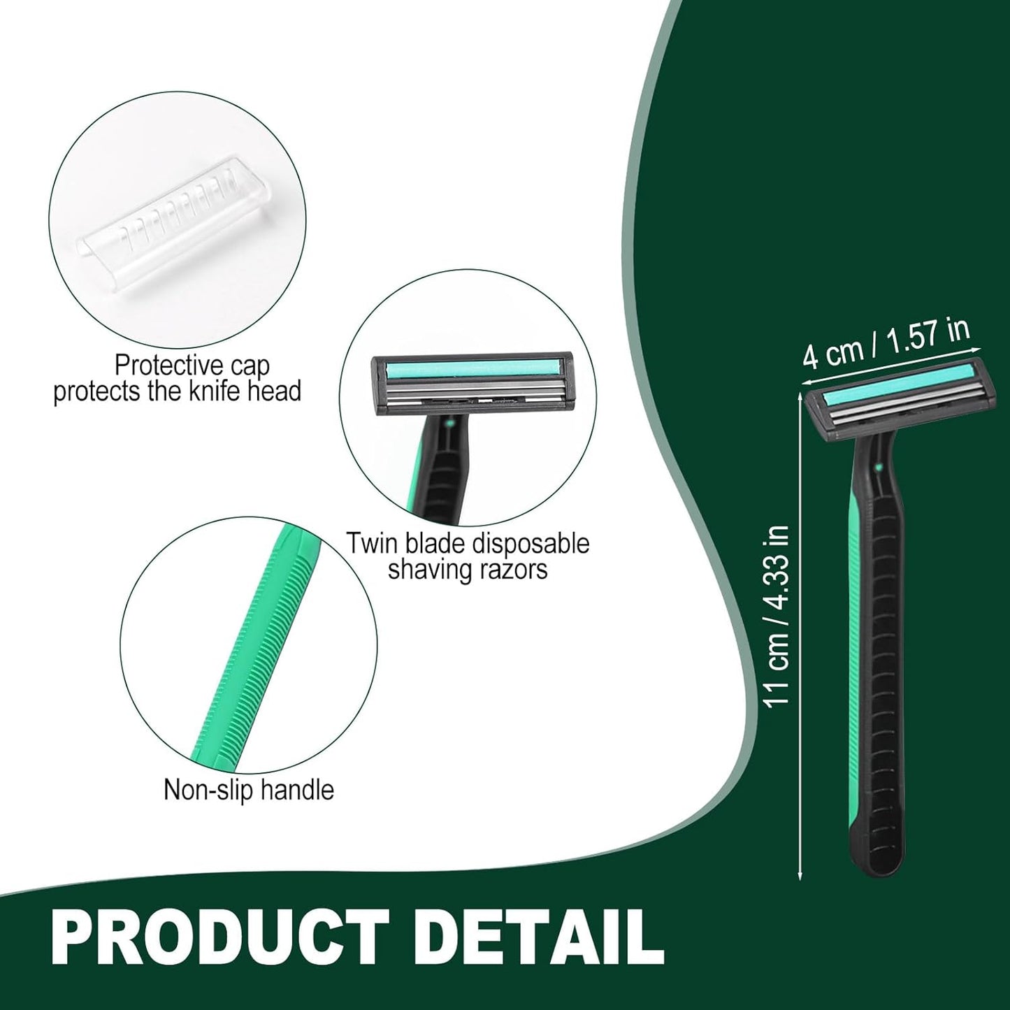 Disposable Twin Blade Razors in Bulk, Individually Wrapped - Clear Safety Cap, For Homeless, Hotel, Airbnb, Travel (pack of 100,green)