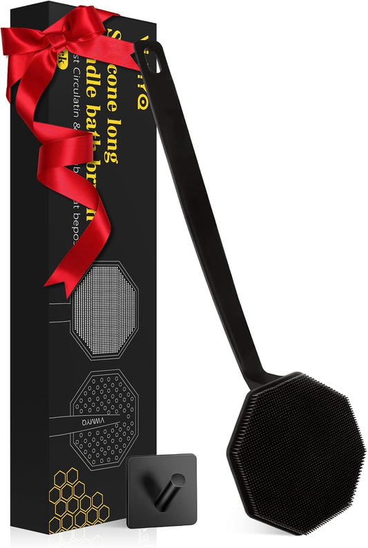 Silicone Back Scrubber for Shower,Back Washer for Shower Men, Lengthen Bath Body Brush with Long Handle, Brush for Shower Exfoliating and Massage Shower Brush - Black