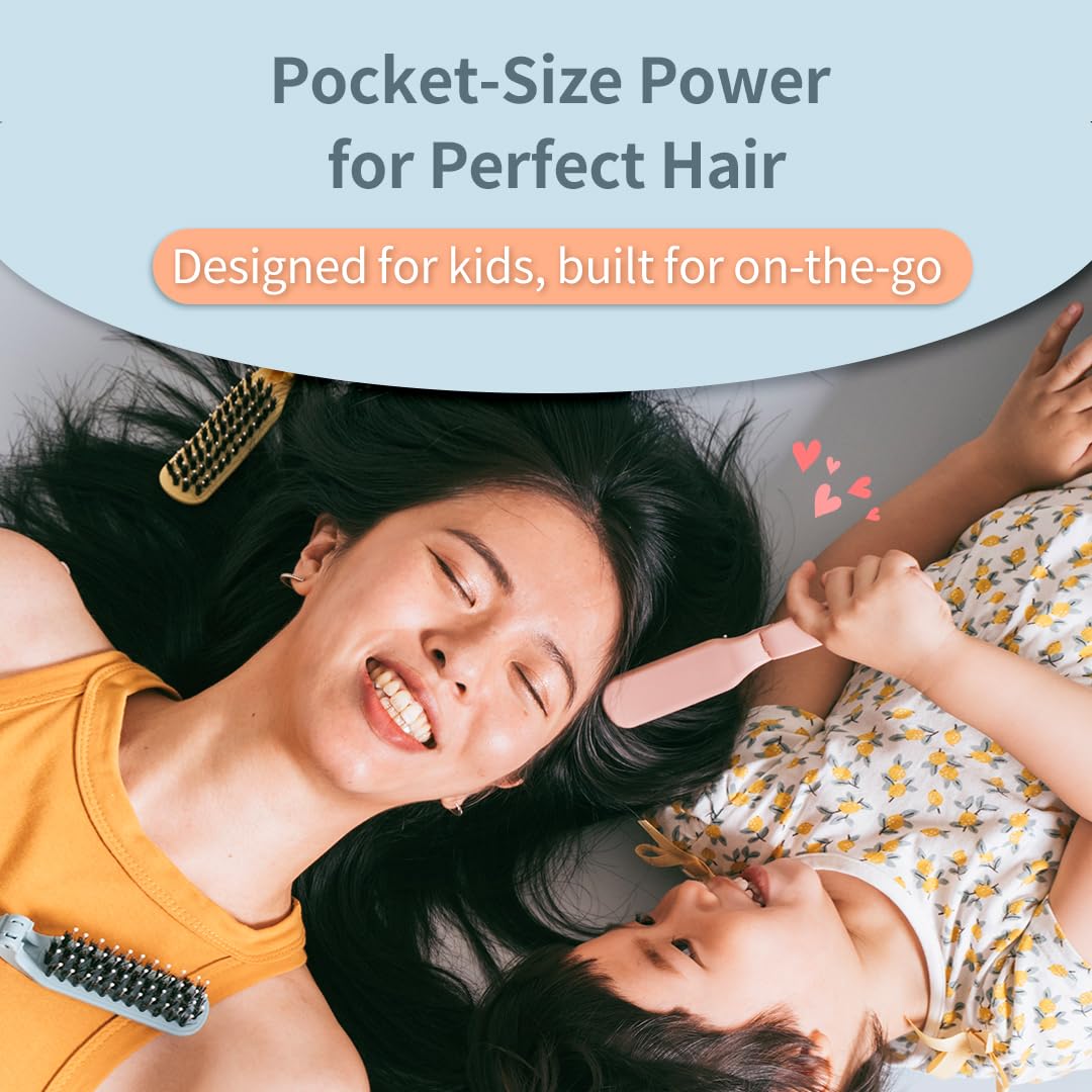 Uffy MiniPop Travel Hair Brush – Mini Folding Boar Bristles for Women, Men & Kids | Kid-Friendly Compact Comb for Wet & Dry Hair, Curly or Straight | Pocket-Size Detangler - Hot Pink on Black