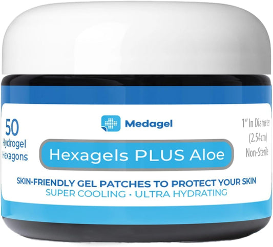 Hexagels Plus Aloe Vera - Advanced Healing Hydrogel Pads for Blister Prevention & Soothing Burn Care - Foot, Heel, Toe, & Ankle Protection, Pack of 50, 1-Inch Patches, Original Formula