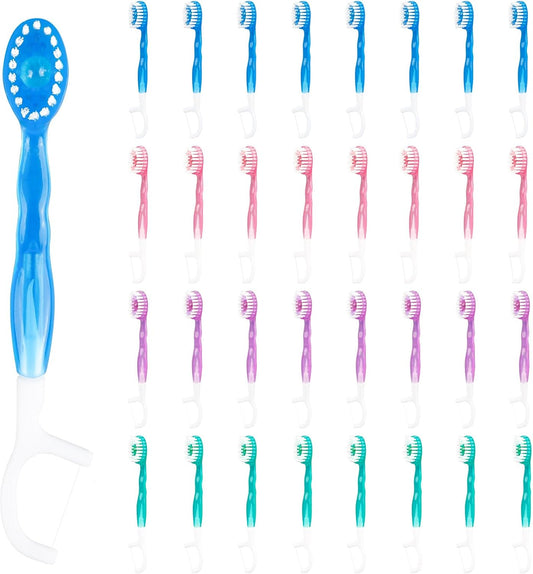5 in 1 Disposable Mini Toothbrushes Travel Size with Toothpaste, Floss, Pick & Tongue Scraper, Individually Wrapped, Portable Oral Care Set, 32 Packs, Mix 4 Flavors