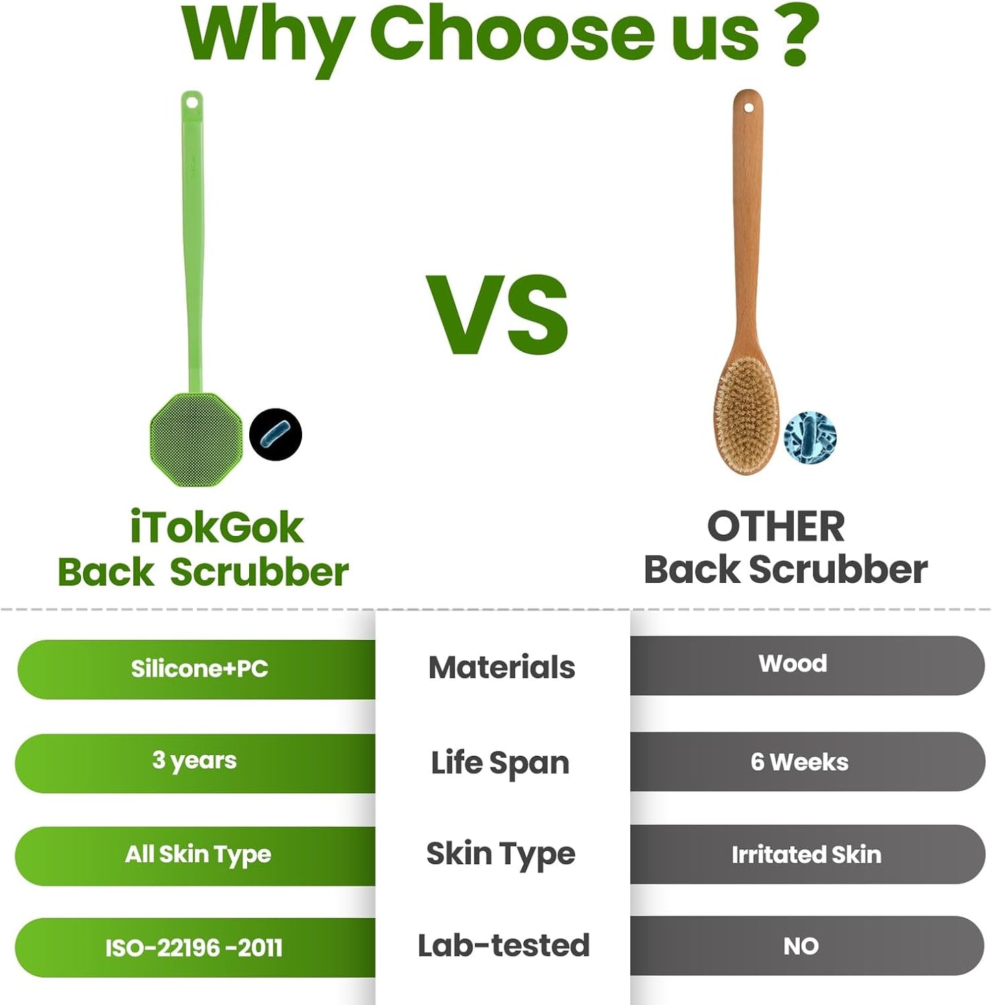 iTokGoK® Silver-Infused Silicone Back Scrubber with Long Handle Back Brush for Shower,Back Brush Long Handle for Men and Women,Ergonomic No-Slip Handle, Long-Lasting (Green)