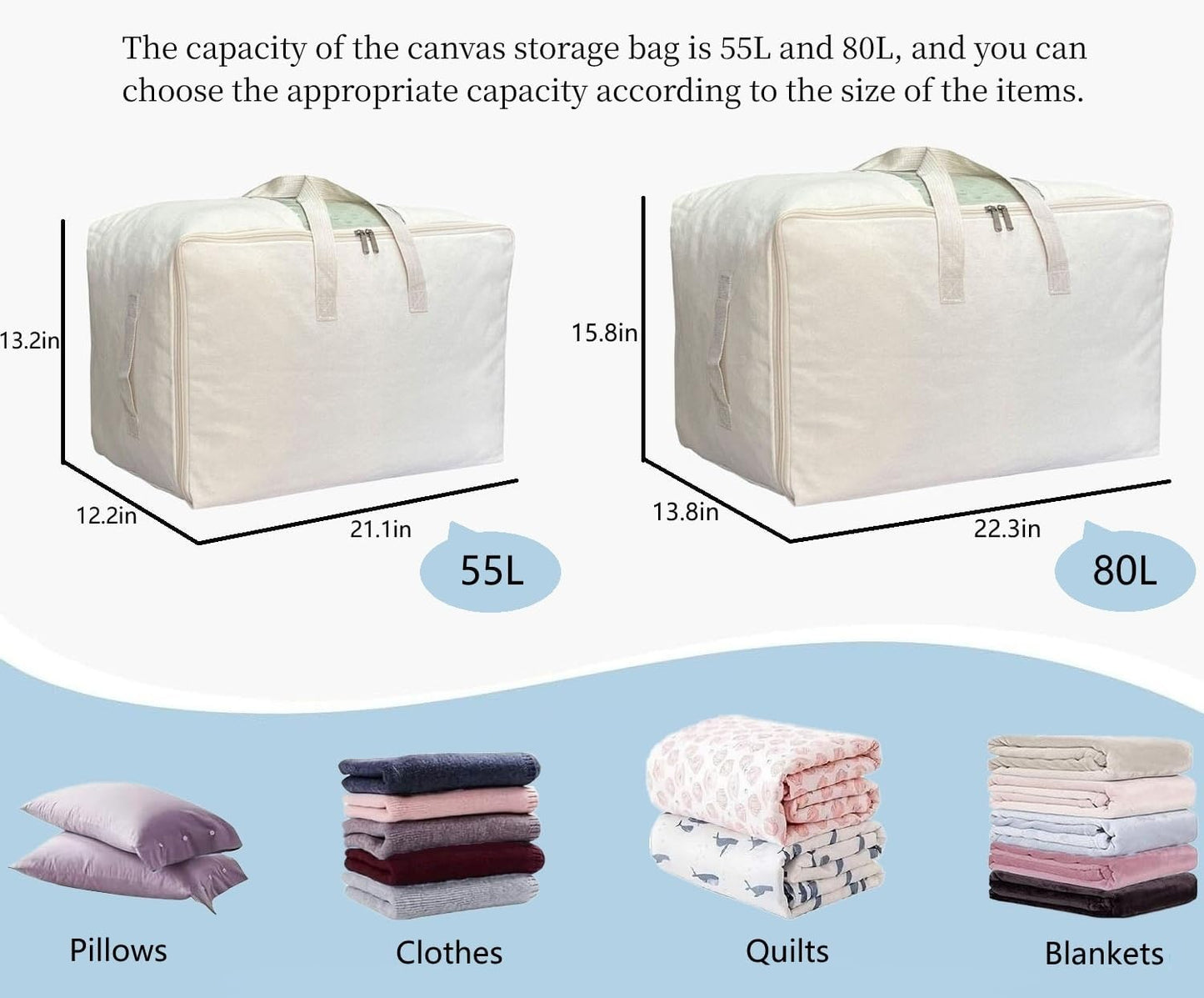 Soft Large Canvas Comforter Storage Bags with Four Carrying Handles and Clear Window, Closet Organizer for Clothing, Blankets Sheets Pillows and Bedding, 80L, Beige
