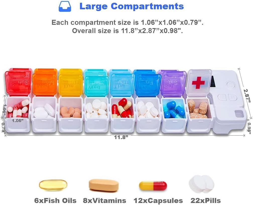 7 Day Medicine Pill Organizer, 4 Reminder Alarms, Loud Sound, 14 Large Compartments, Large Screen, Moisture-Proof, Travel Weekly/Daily Pill Box/Organizer/Case/Container/Dispenser, AM/PM 2 Times a Day