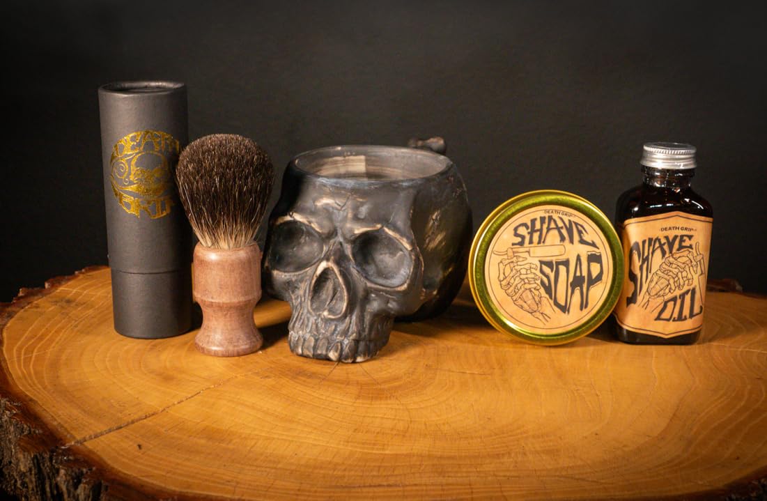 Shaving Kit for Men – Traditional Wet Shave Set with 4oz Shaving Soap, 3oz Tea Tree Oil, Badger Brush & Skull Bowl – For Use with Safety Razor or Straight Razor – Barber Grooming Gift by Death Grip
