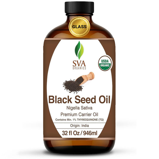 SVA Black Seed Oil Organic - 32 Fl Oz – 100% Natural Cold Pressed Organic Black Seed Oil - for Face, Skin Care, Hair Care, Scalp Massage & Body Massage – Carrier Oil