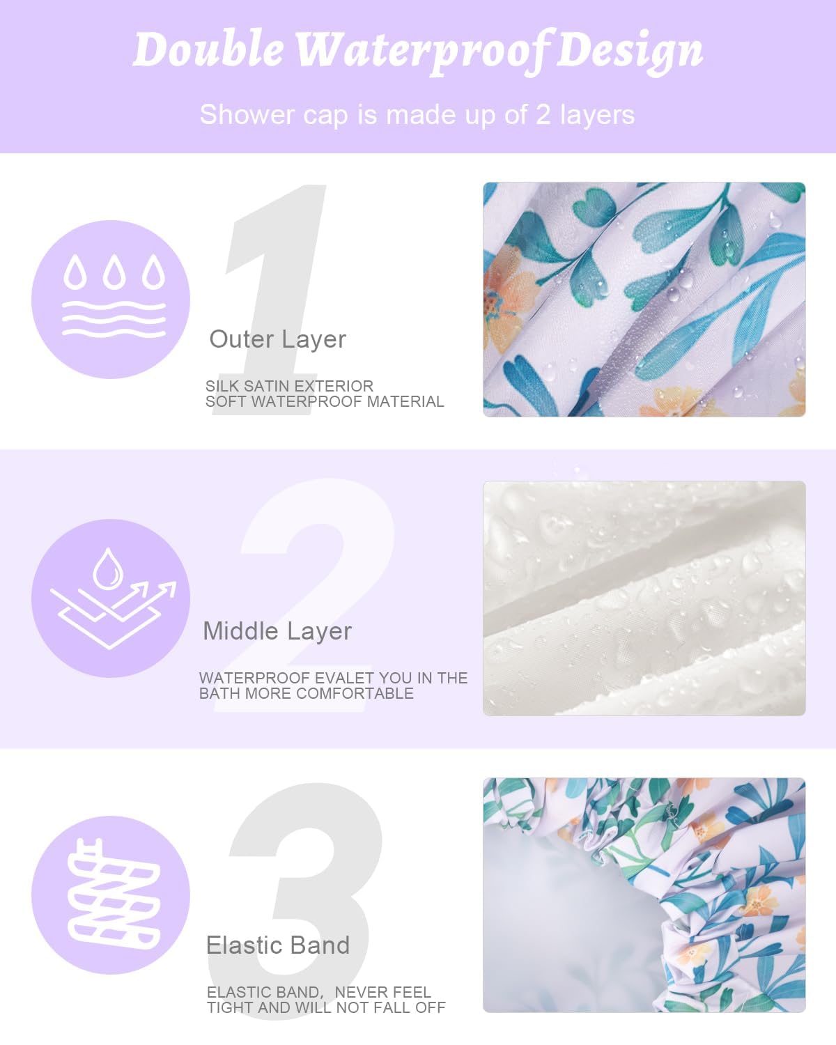 Aquior Shower Caps, Double Layer Waterproof Shower Cap for Women, Reusable Large Shower Cap for all Hair Lengths with EVA Lining, Soft Bath Shower Caps