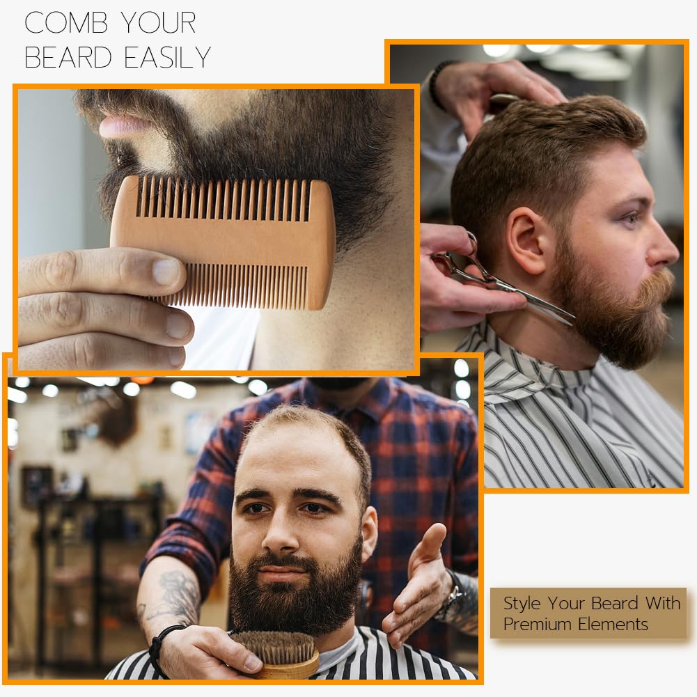 Hair Dough Beard Brush & Comb, Scissors Set for Men, Set Includes Soft Boar Bristle Brush, Bamboo Wide Tooth Comb, and Mustache Trimming Scissors, Straighten & Soften Your Beard