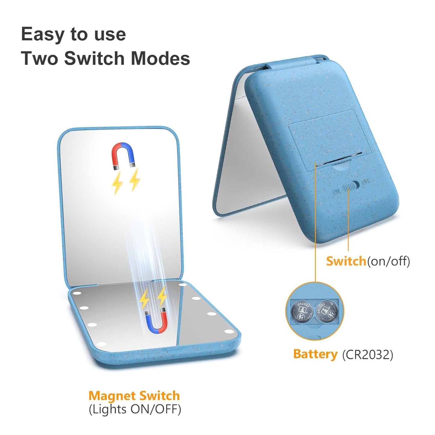 Kintion Wheat Straw Pocket Mirror, 1X/3X Magnification Travel Mirror for Purse, Folding Handheld Mirror, Small Lighted Compact Mirror for Gift, Blue