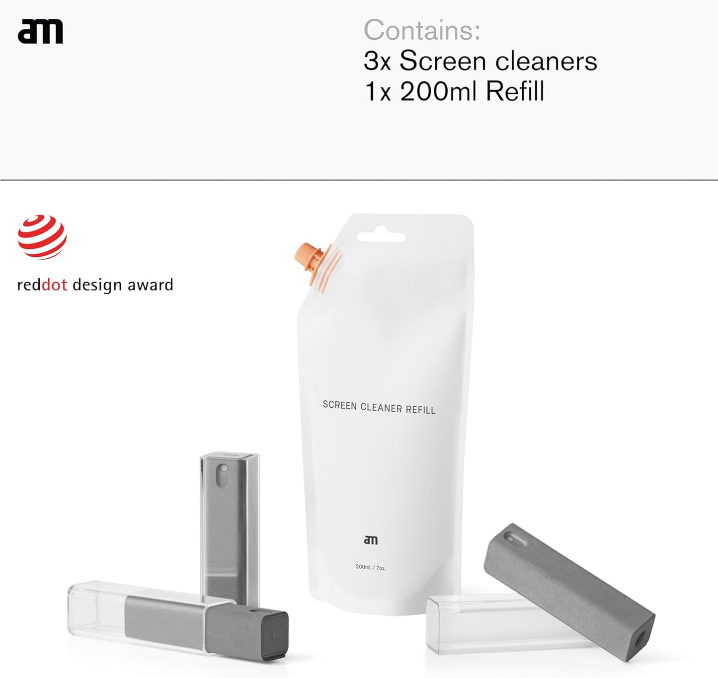 am Screen Cleaner with 7 oz Refill – Alcohol-Free Spray & Microfiber Cloth for iPhone 15 & 14, iPads, Tablets, Laptops, Phones, Smart TVs, Car Displays – Streak-Free, Non-Toxic, Eco-Friendly, Gray