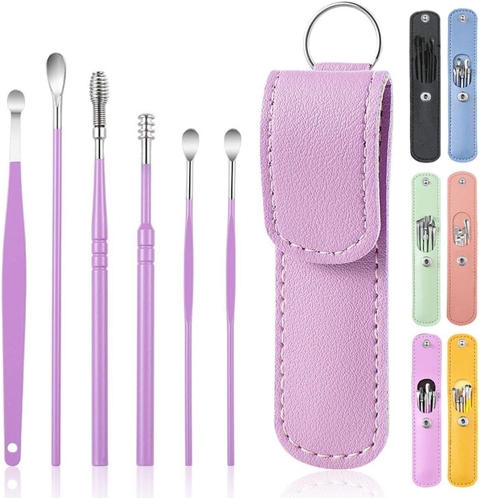 6 Pcs Ear Pick Ear wax Removal Kit Cleansing Tool Set Curette Cleaner 360° Spiral Design Canal Cleaner Stainless Steel,with a Storage Box Portable Kit for Home and Travel(Purple) 11.7*2.8*2cm