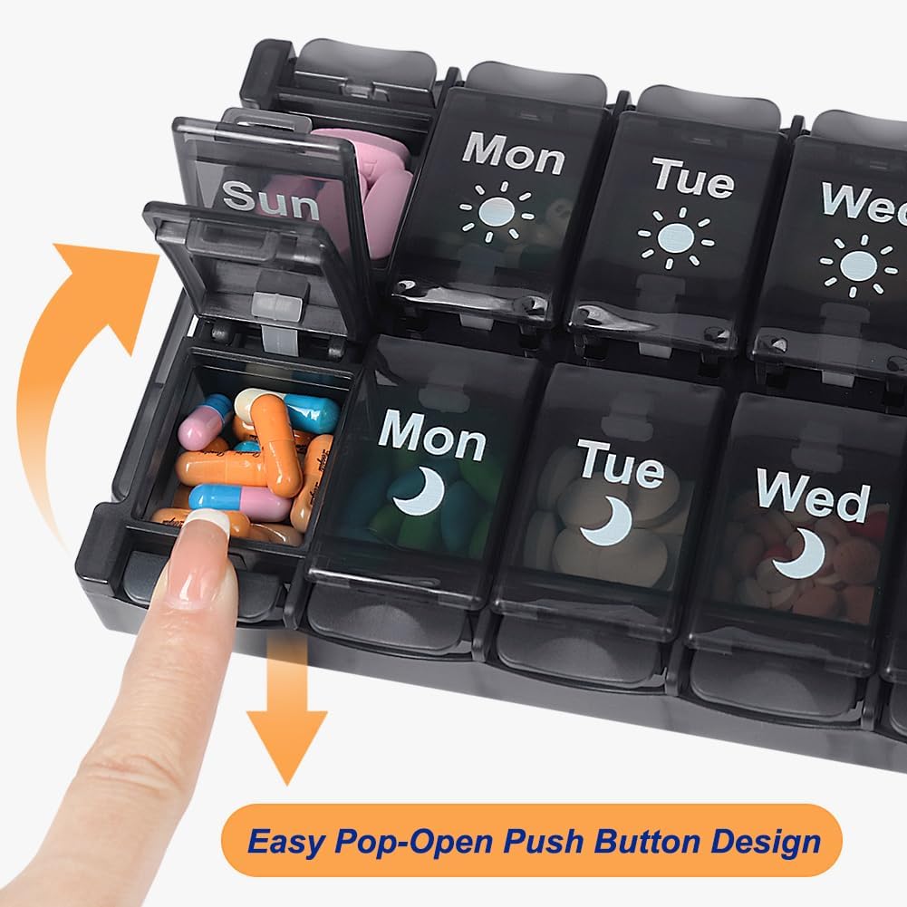 HRX Package Weekly Pill Organizer 2 Times a Day, Easy Fill & Open AM/PM Medicine Box 7 Day Vitamin Cases Day and Night