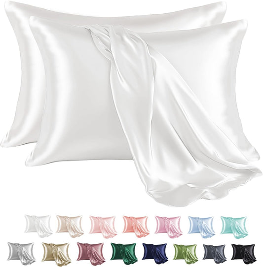 MR&HM Satin Pillowcase for Hair and Skin, Silk Satin Pillowcase 2 Pack, Queen Size Pillow Cases Set of 2, Silky Pillow Cover with Envelope Closure (20x30, Ivory)
