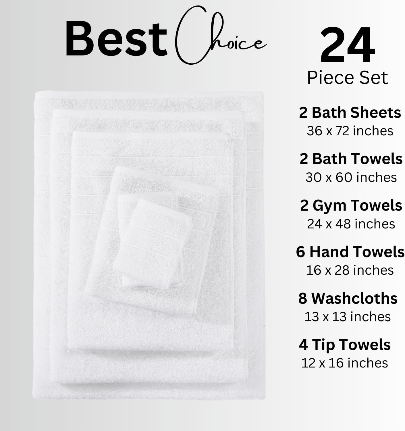 Casa Platino 24 Piece Cotton Towel Set – Ring Spun, Soft & Absorbent Towels, Full Bathroom Set with Bath Sheets, Hand Towels, Gym Towels & Washcloths, Machine Wash Safe – White