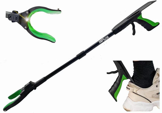 32 inch GrabRunner Reacher Grabber Tool with Folding and Shoehorn and Light (Green led)