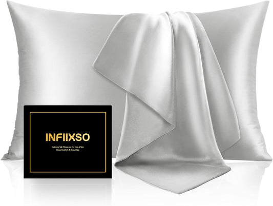 INFIIXSO Mulberry Silk Pillowcase for Hair and Skin, Silk Pillow Cases King Size with Hidden Zipper 20x40 Inches, Ultra Smooth and Soft Cooling Pillow Cases for Hot Sleepers(Light Grey, 1 Pack)