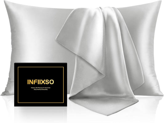 INFIIXSO Silk Pillow Cases 2 Pack Standard Size, Ultra Smooth & Soft Mulberry Silk Pillow Case for Hair and Skin, Breathable Cooling Silk Pillowcase with Hidden Zipper (Light Grey, 20x26 Inches)