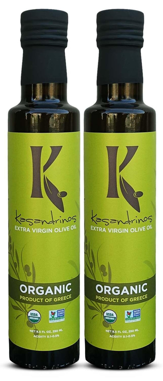 Kasandrinos Organic Olive Oil Extra Virgin, Polyphenol Rich Greek Olive Oil, 100% Organic First Cold Pressed, Mild + Delicate Flavor, Verified by Non GMO, 250 ml / 8.5 oz (Pack of 2)