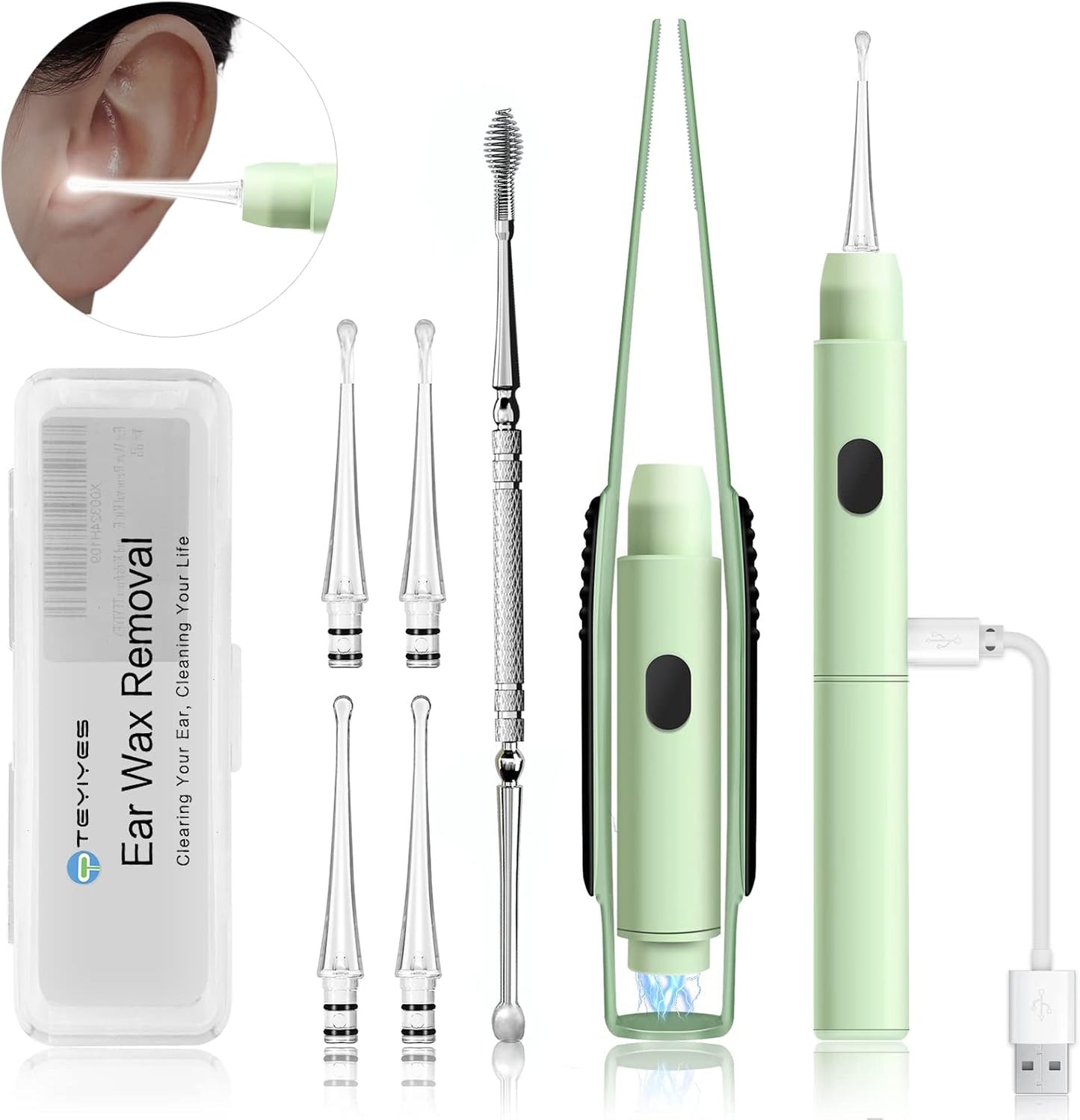 Upgraded All-in-One Ear Cleaning Tool Set with LED Light, Pick, Tweezers, Spiral Spring Spoon for Adults, Kids, and Pets (Pack of 7)