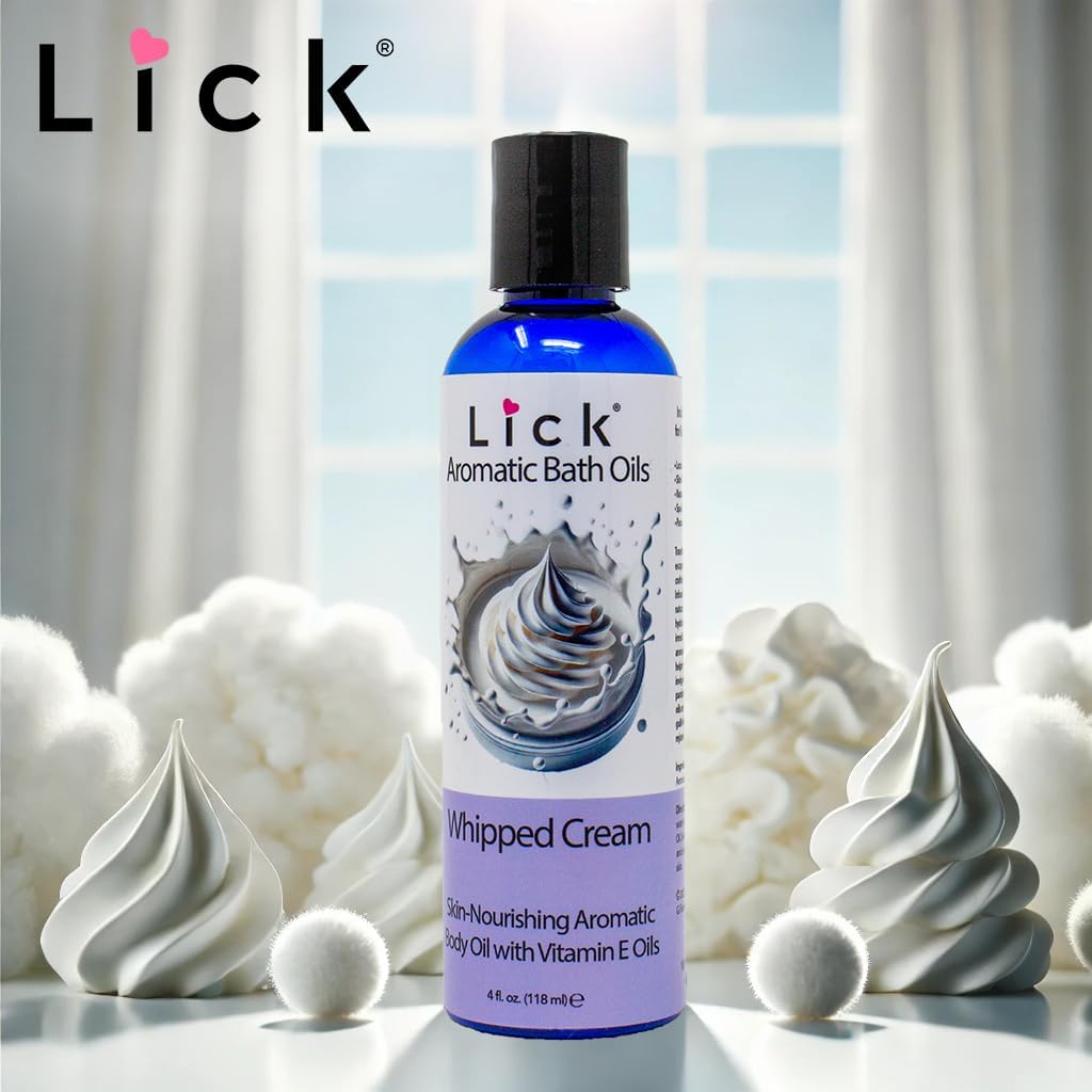 Lick Whipped Cream Aromatic Bath Oil - Natural Sweet Almond, Vitamin E & Jojoba Oils for Luxurious Experience for Women. Moisturizes Dry Skin, 12 Enchanting Aromas, Paraben Free, Made in USA 4 fl oz