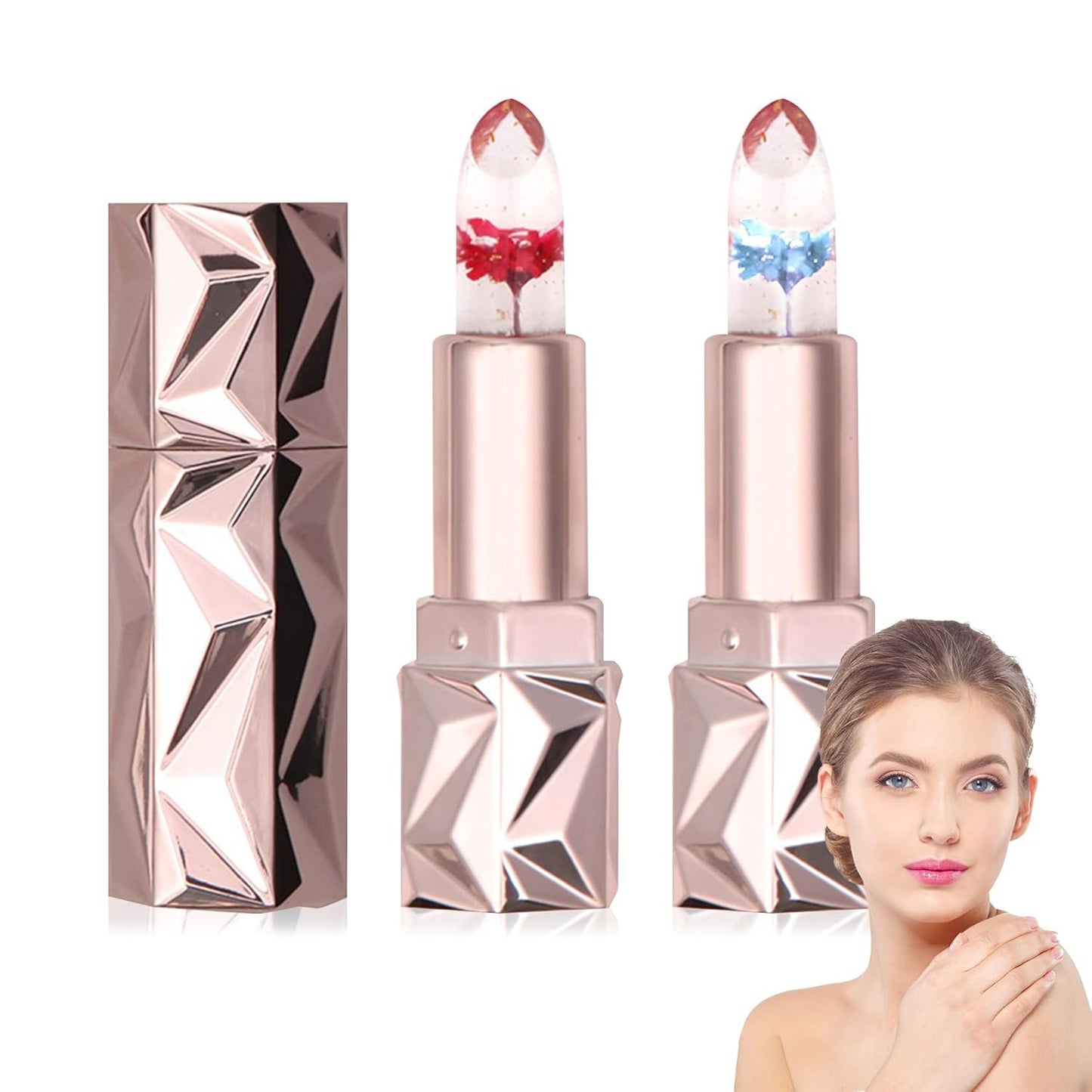 2 Pack Crystal Flower Jelly Lipstick,Magic Color Changing Lipstick,PH Clear Temperature Color Changing Lip Gloss,Lip Balm,Long Lasting Nourishing Moisturizing Lip Stick Set D02+03