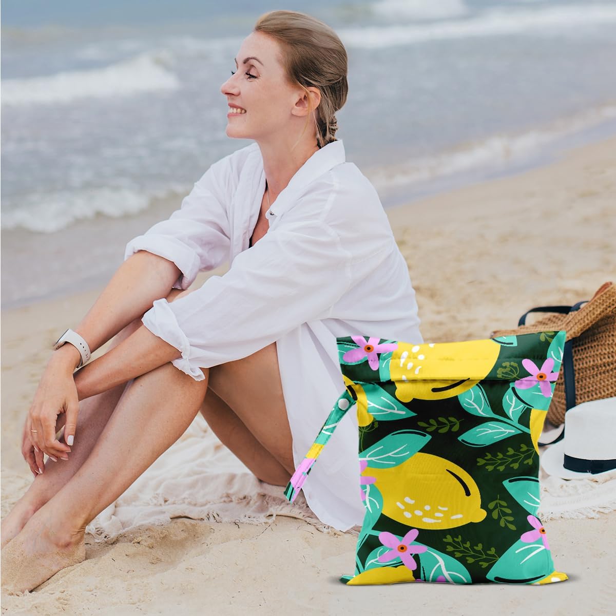 Lemon Wet Bags 12x10 Inch, Summer Flowers Waterproof Travel Laundry Bags, Washable Reusable Wet Dry Bag for Swimsuit Pool Beach Diapers Dirty Yoga Gym Clothes, Lemon Gifts for Women Friend Travelers