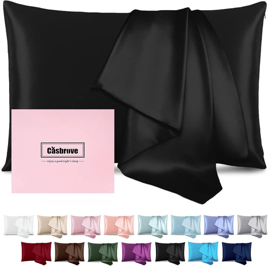 Silk Pillowcase for Hair and Skin Mulberry Silk Pillowcase Soft Breathable Smooth Both Sided Natural Silk Pillowcase with Zipper Beauty Sleep Silk Pillow Case 1 Pack for Gift (King, Black)