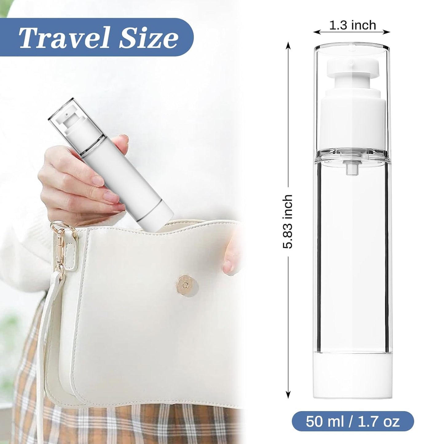 TUZAZO 6 Pack 1.7 OZ/50 ML Airless Pump Bottles, Clear Plastic Travel Size Pump Bottles, Refillable Vacuum Cosmetic Containers Lotion Dispenser for Foundation, Cream, Shampoo