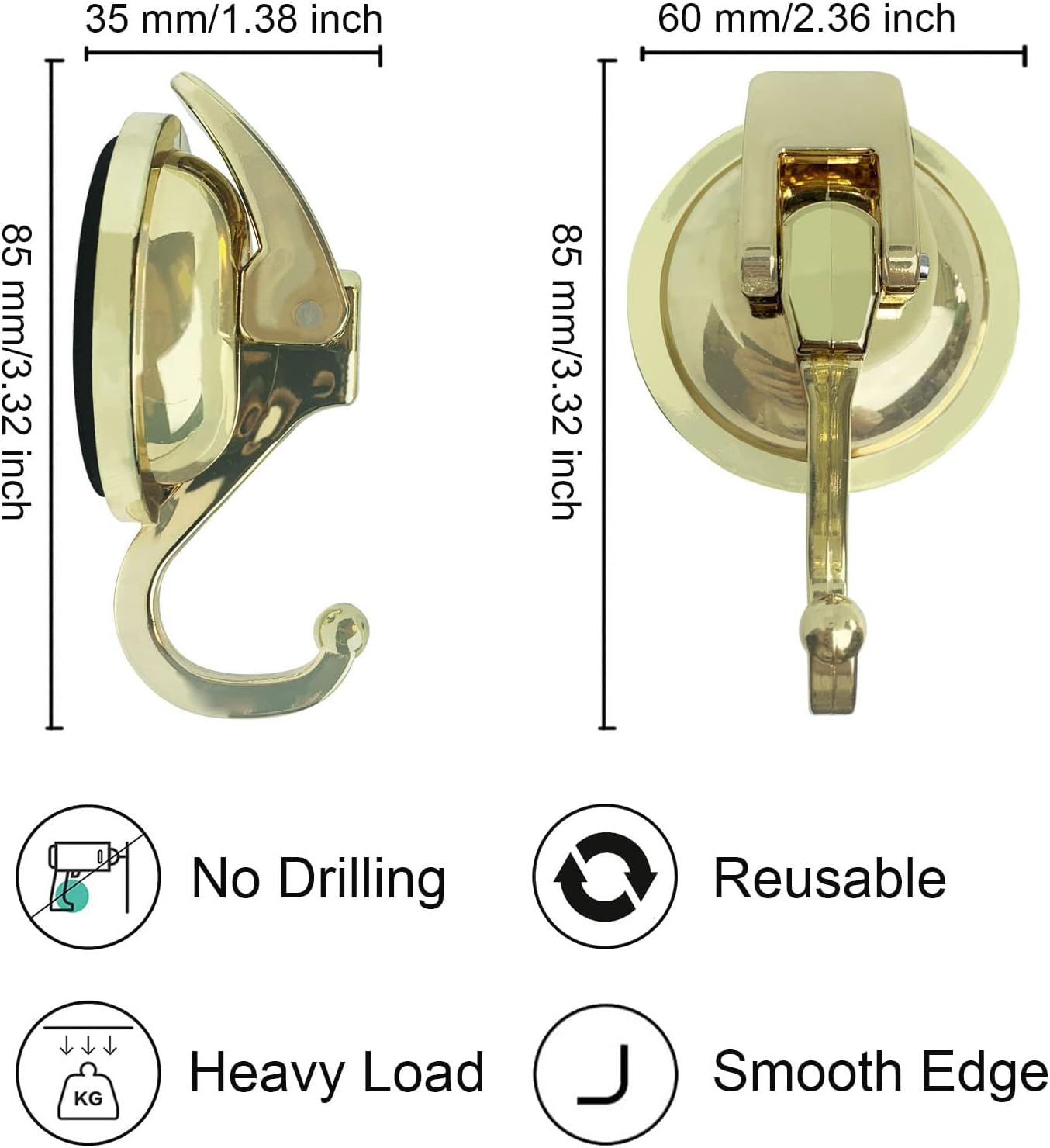 Heavy Duty Vacuum Suction Shower Hooks Glass Suction Cup Bathroom Robe Hooks, Reusable, No Hole Punched, for Garland Decoration (Gold, 6 Pack)