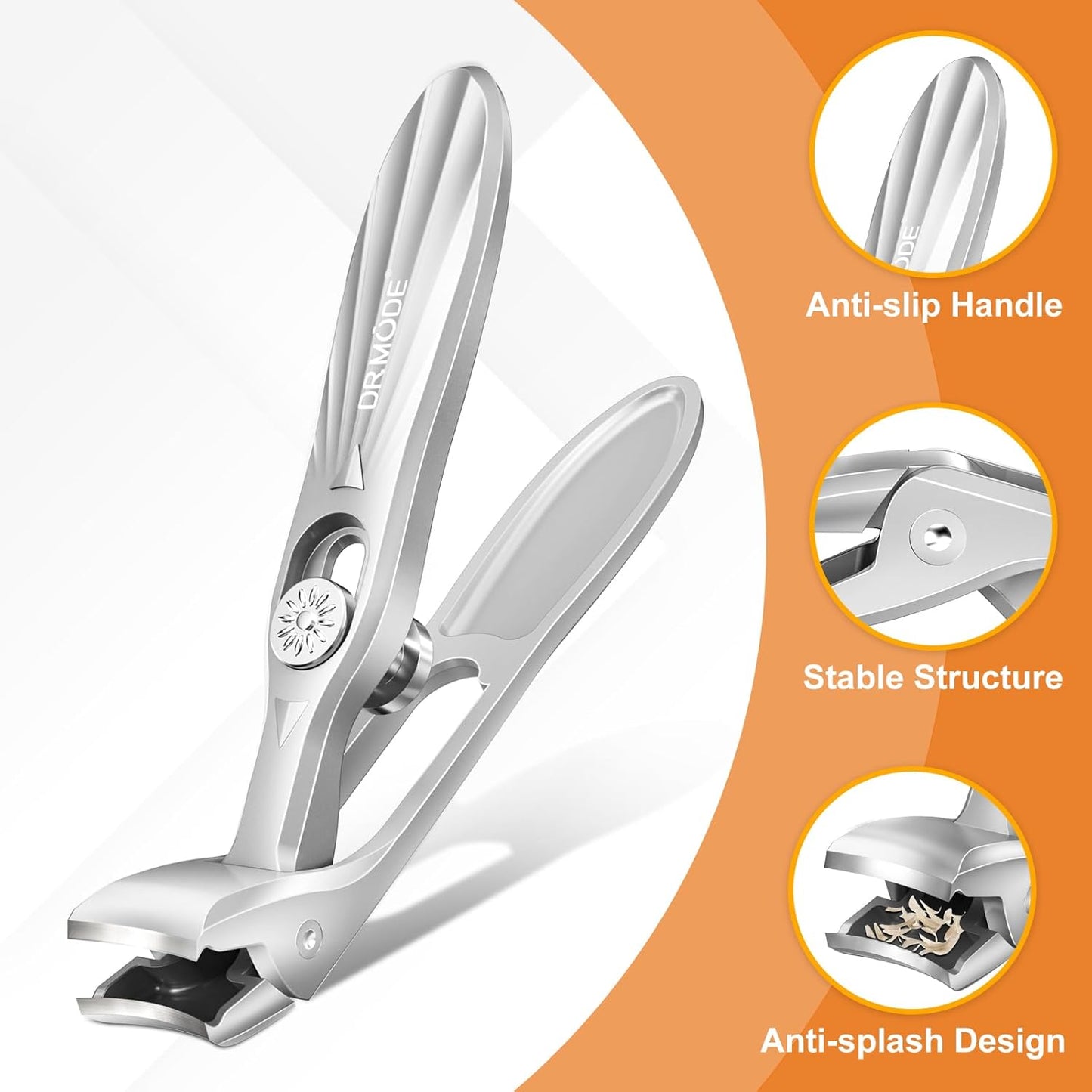 DRMODE Nail Clippers for Men Thick Nails, Angled Head Toe Nail Clippers for Thick Nails for Seniors, Wide Jaw Opening Toenail Clippers Heavy Duty Fingernail Clipper with Catcher Long Handle - Silver