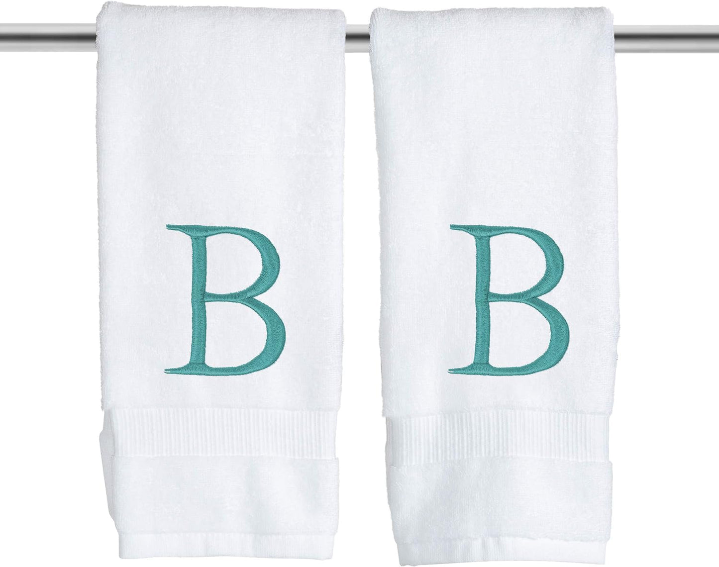 Teal and White Bathroom Hand Towel - Monogrammed Luxury Hotel Quality Decorative Embroidered Towel for Powder Room, Spa - GOTS Organic Certified - Set of 2 Letter B