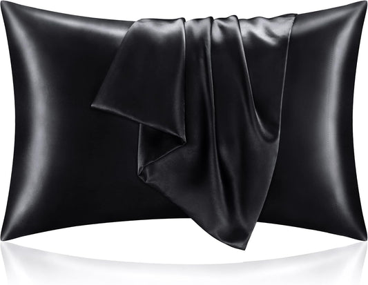 BEDELITE Satin Pillowcase for Hair and Skin, Super Soft and Cooling Similar to Silk Pillow Cases 2 Pack with Envelope Closure, Gift for Women Men(20"x26" Standard Size, Black)