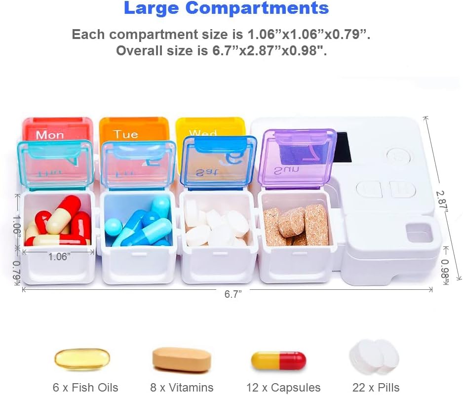 7 Day Medicine Pill Organizer, 4 Reminder Alarms, Loud Sound, 7 Large Compartments, Large Screen, Moisture-Proof, Dust-Proof, Travel Weekly/Daily Pill Box/Organizer/Case/Container/Dispenser, TBSoon