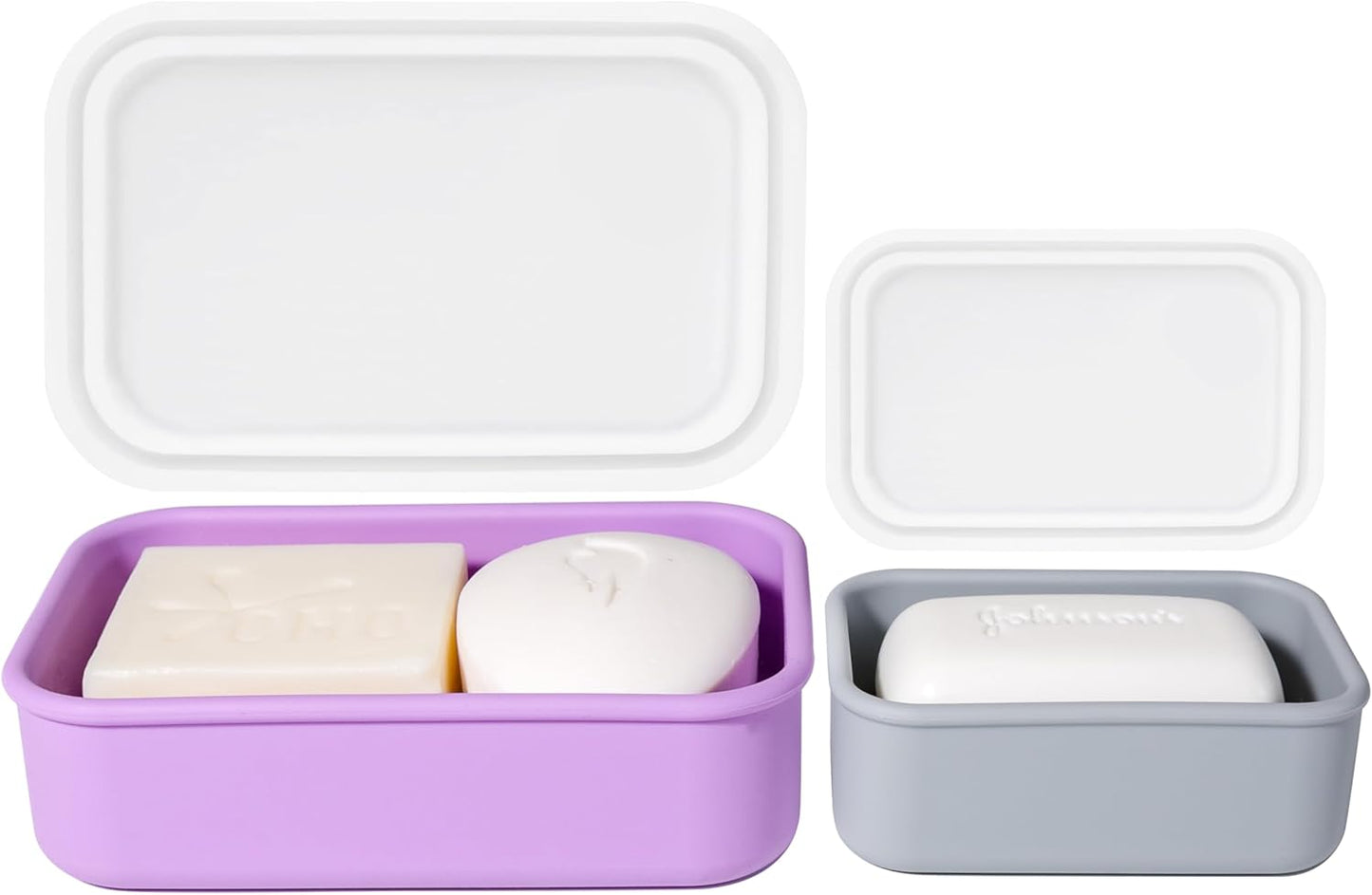 2PC Portable Leakproof Travel Soap Case, Silicone Travel Soap Case, Compact Soap Holder with Drainage Layer, Travel Soap Holder for Camping, Gym, Outdoor Purple&Gray